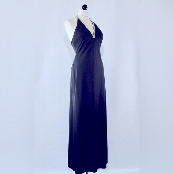JS Collection 90s Long Black Halter Dress Vintage 1990s Rhinestones Formal - Picture 1 of 12